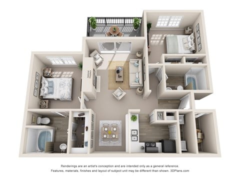 Floor plan for 2 beds, 2 baths, 995 sqft
